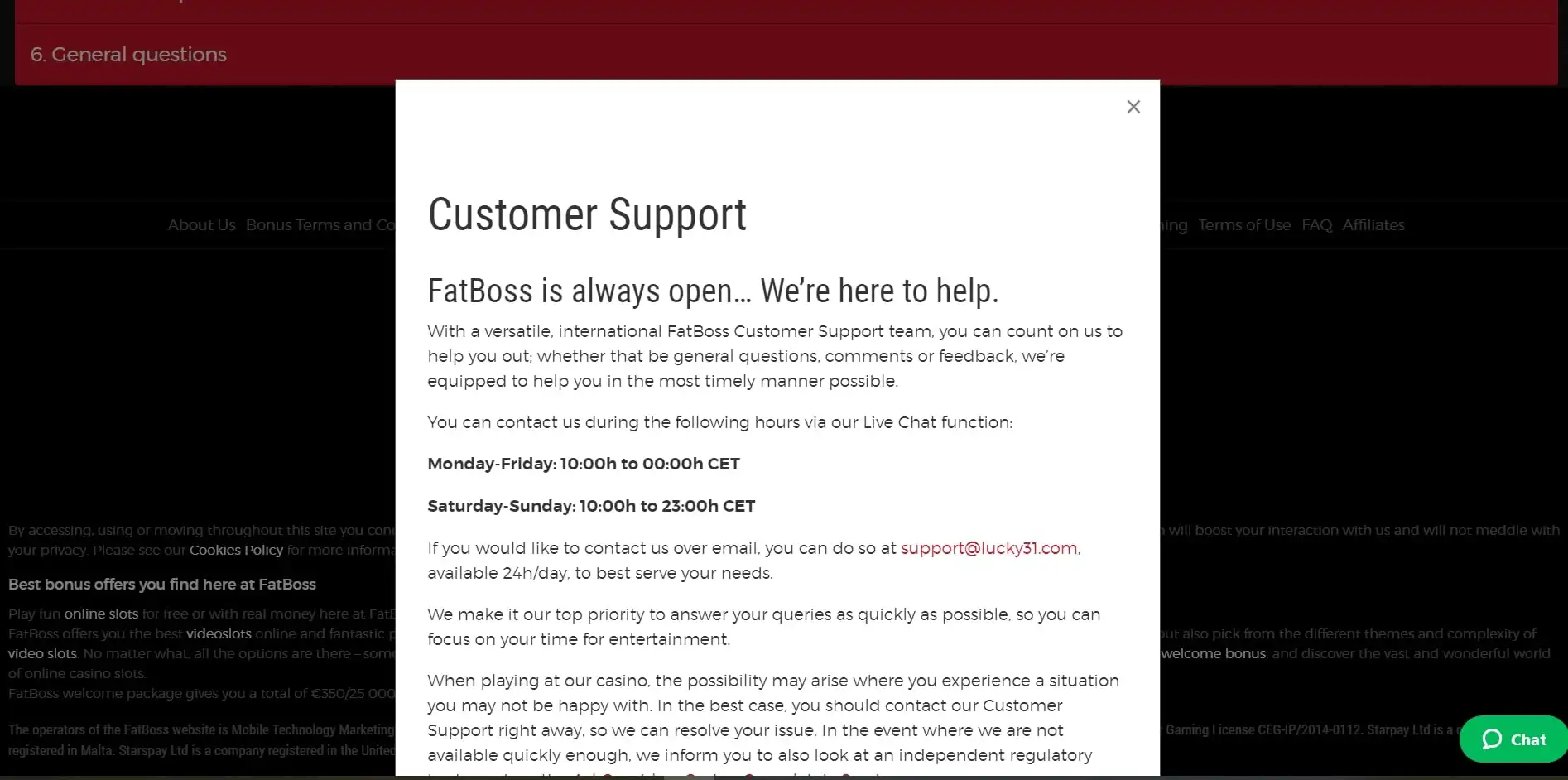 FatBoss Casino Support