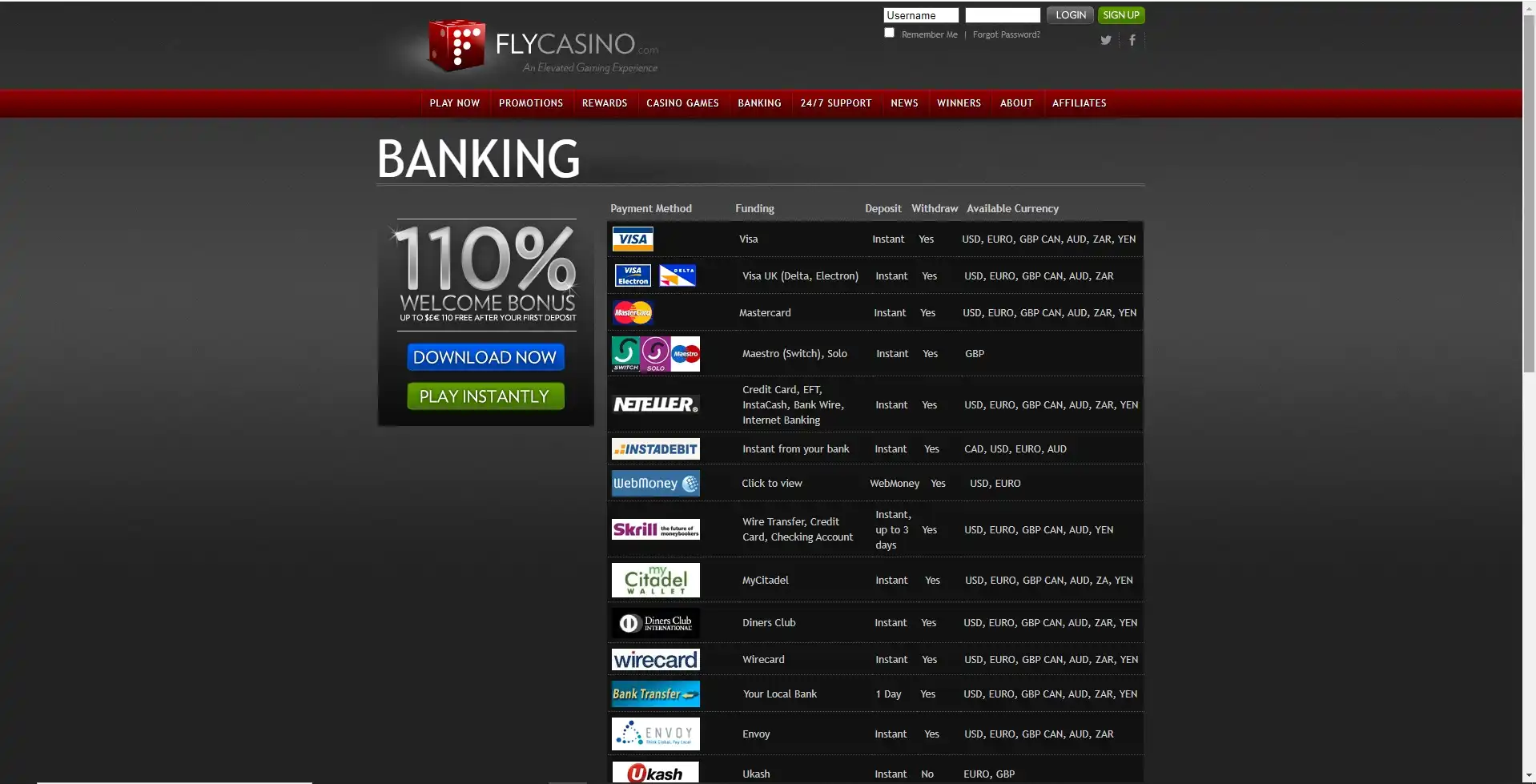 Fly Casino Payment Methods