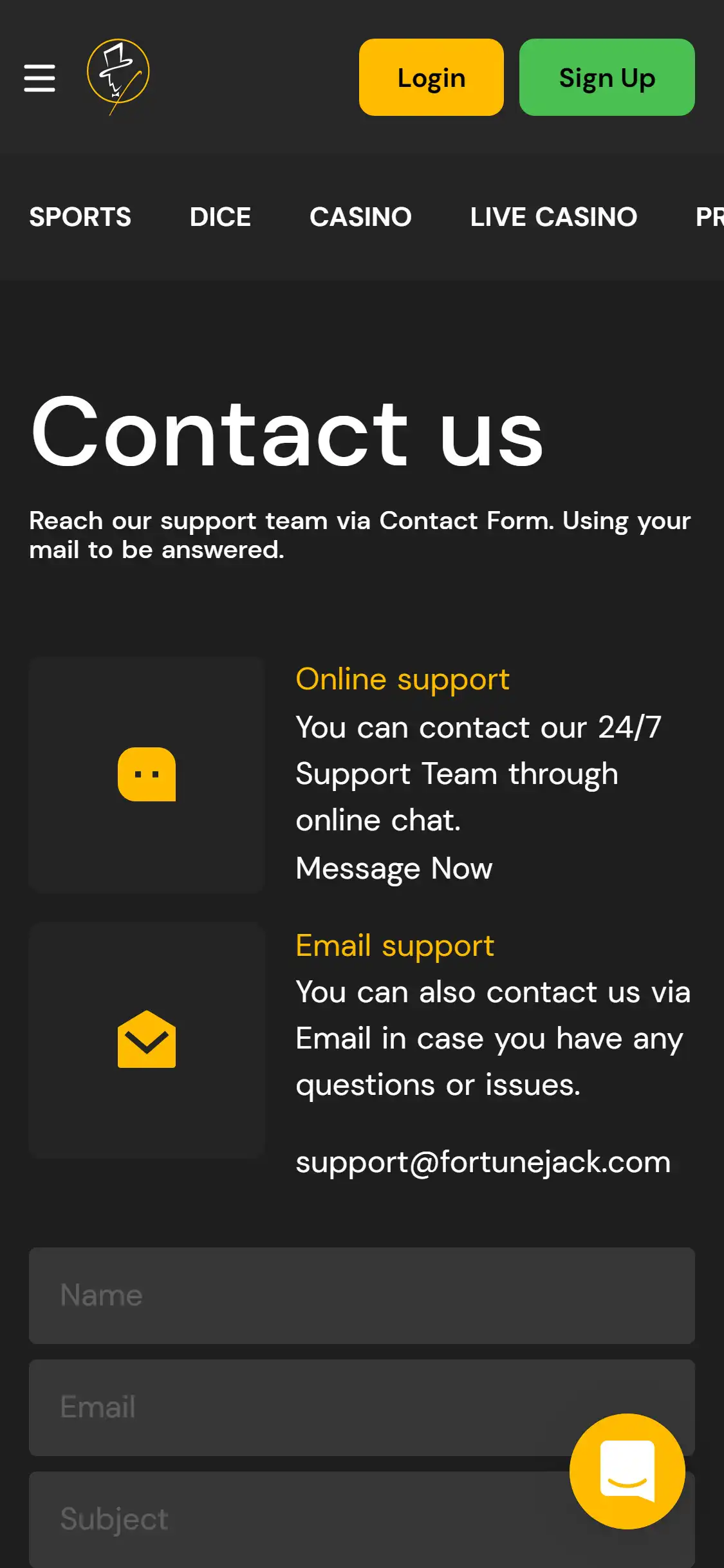 FortuneJack Casino Mobile Support Review