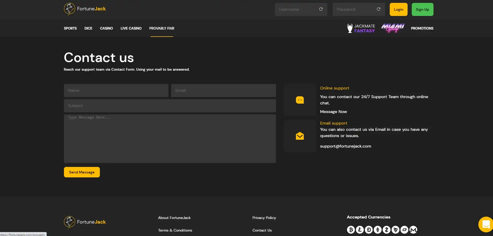 FortuneJack Casino Support