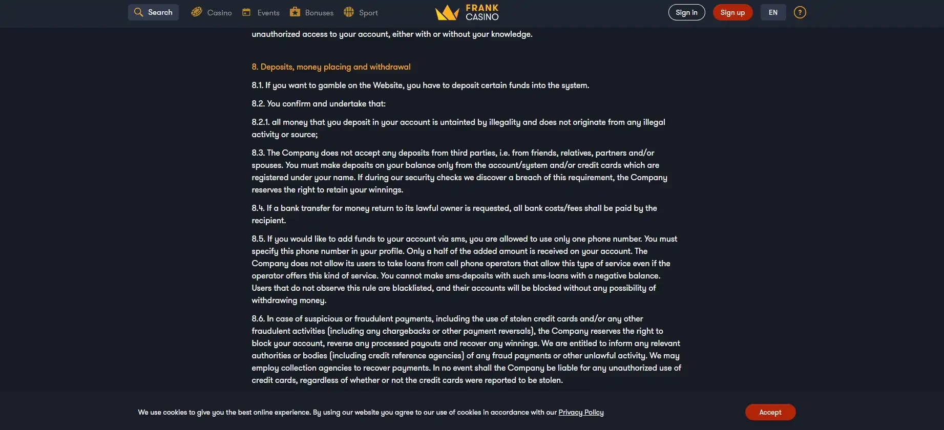 Frank Casino Payment Methods