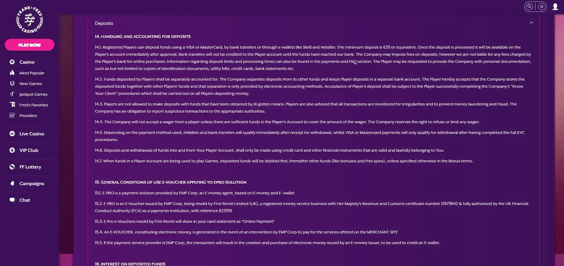 Frank & Fred Casino Payment Methods