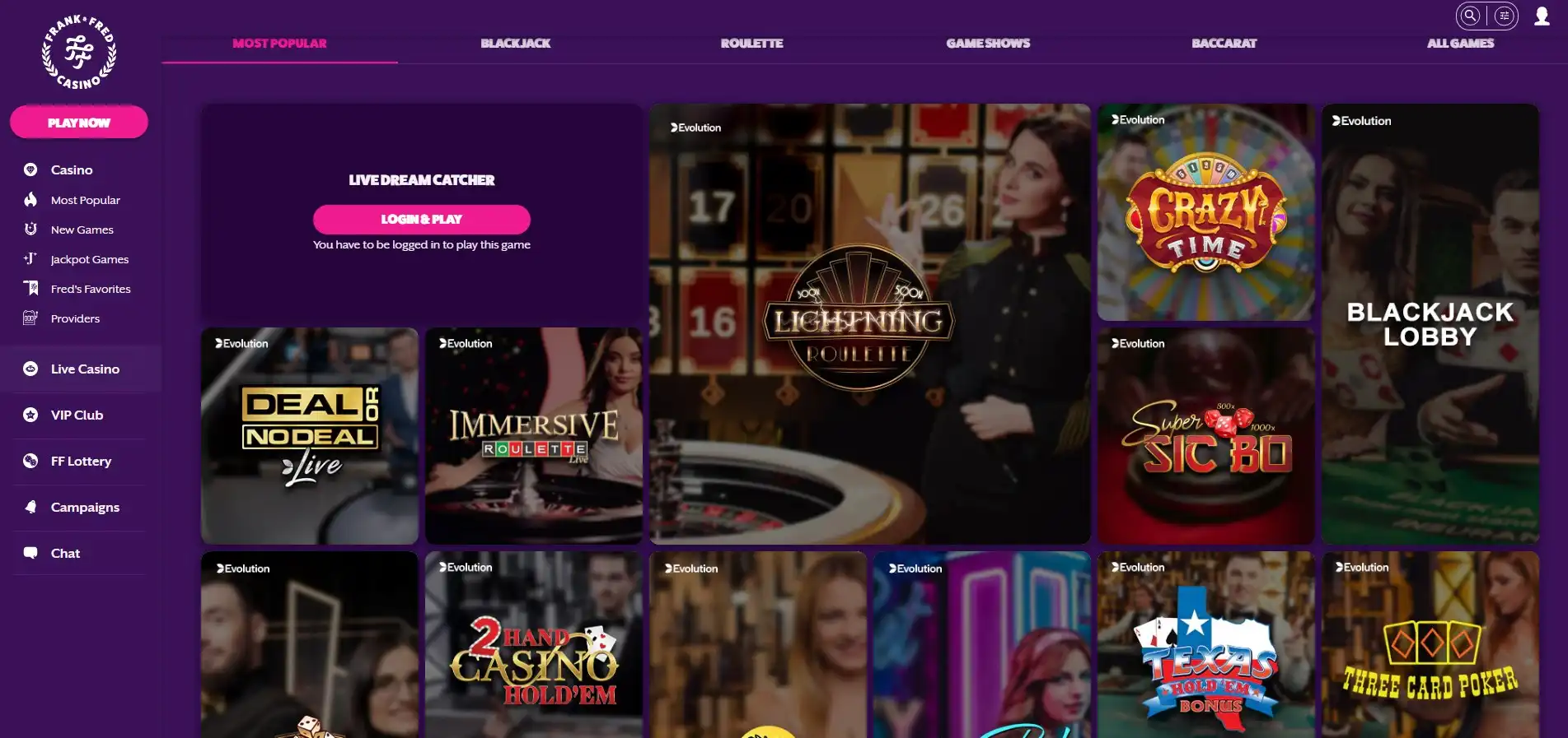 Frank & Fred Casino Live Dealer Games