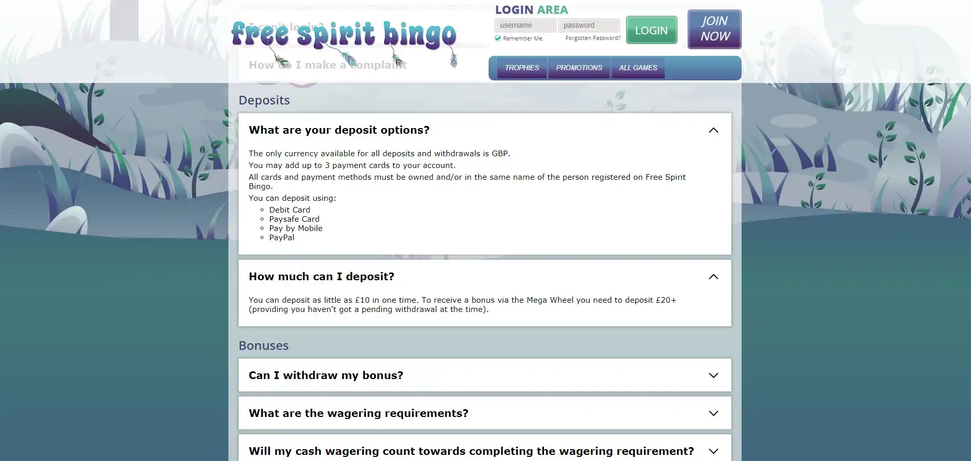 Free Spirit Bingo Casino Payment Methods