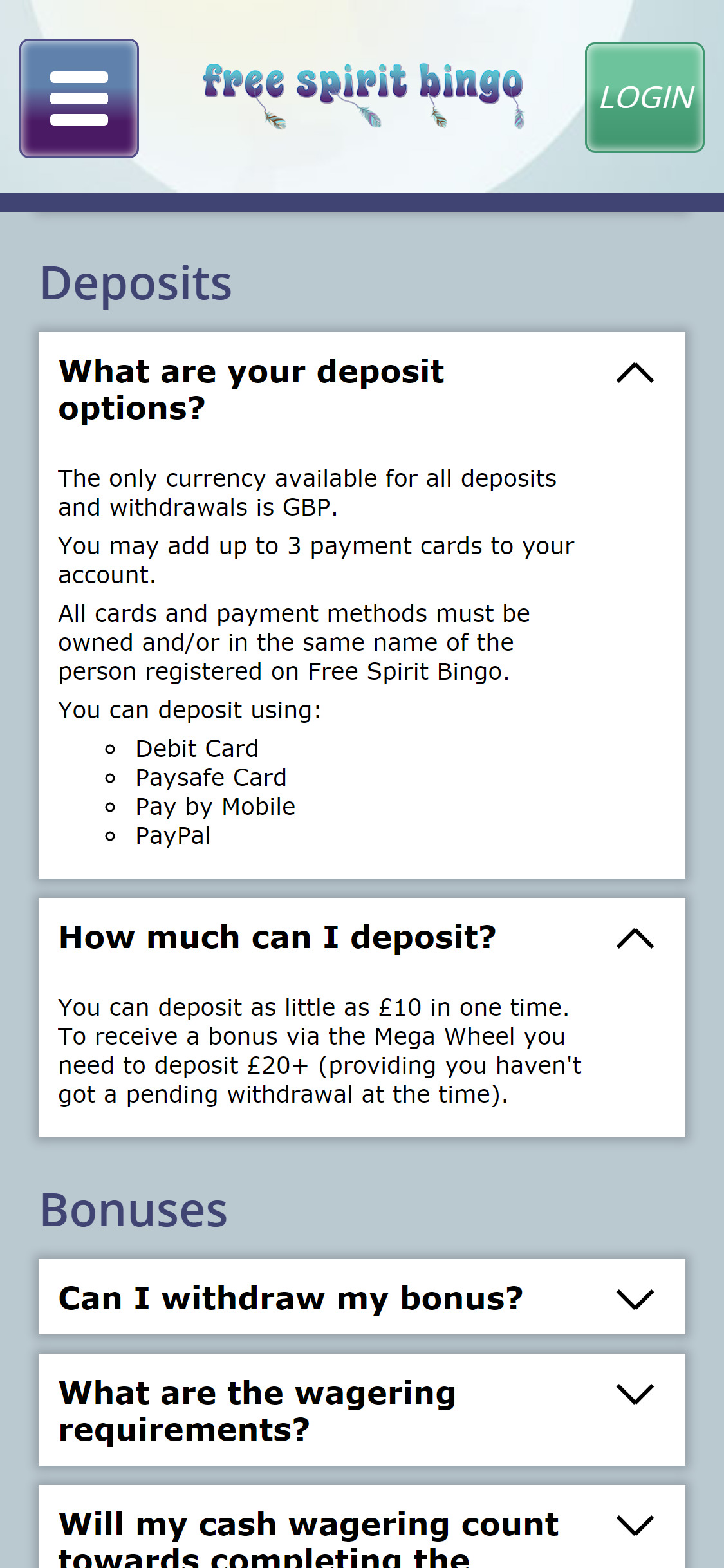 Free Spirit Bingo Casino Mobile Payment Methods Review