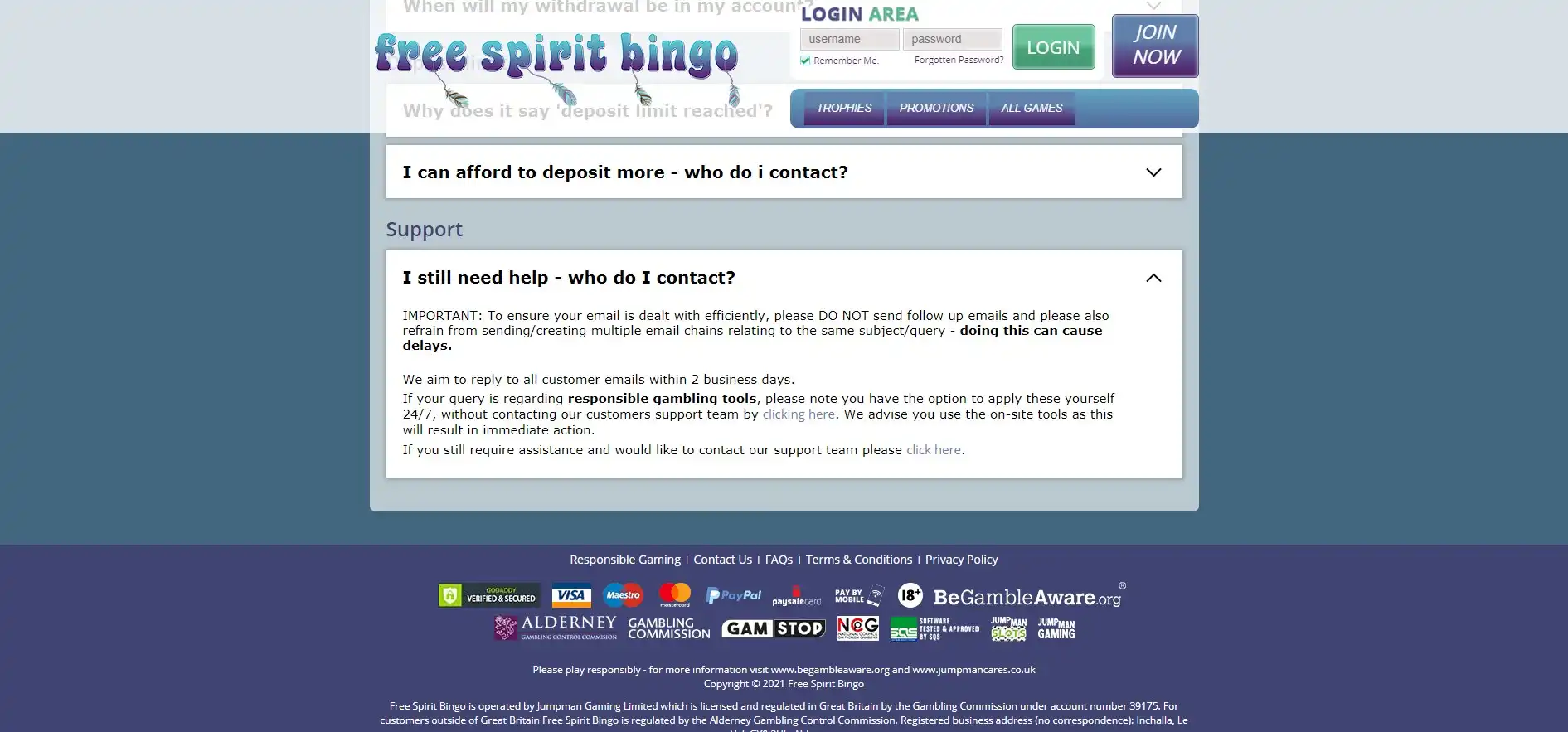 Free Spirit Bingo Casino Support