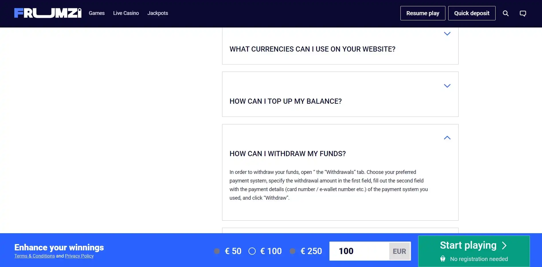 Frumzi Payment Methods