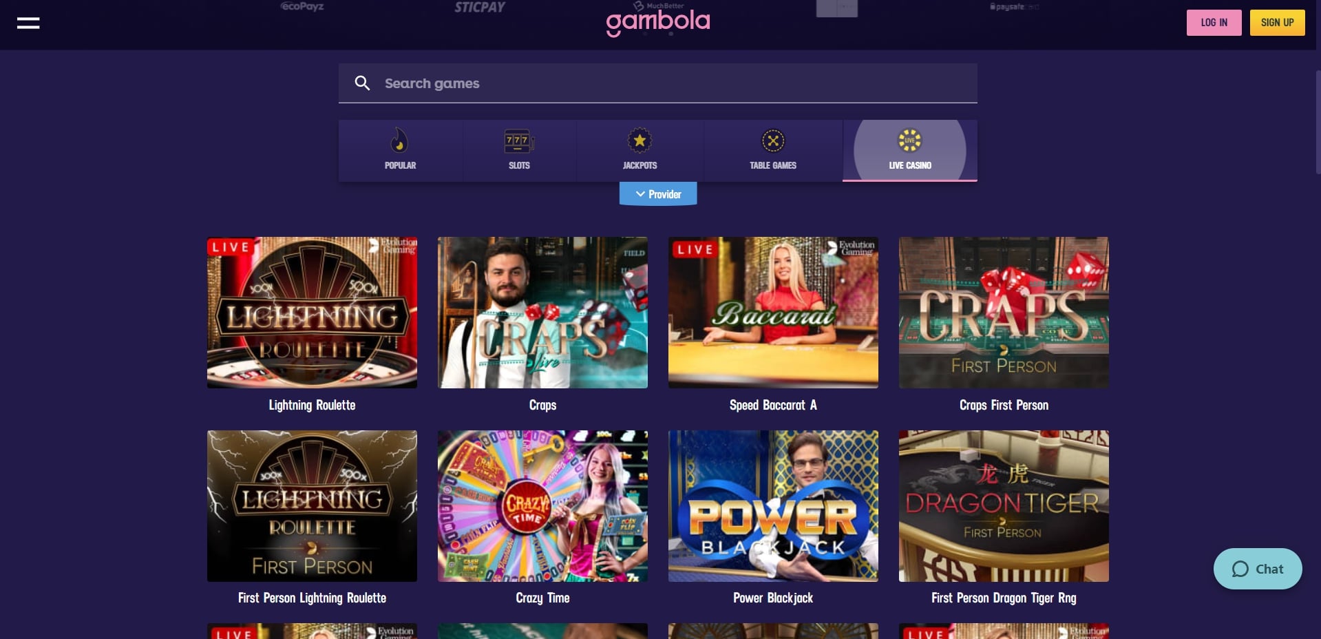 Gambola Casino Live Dealer Games