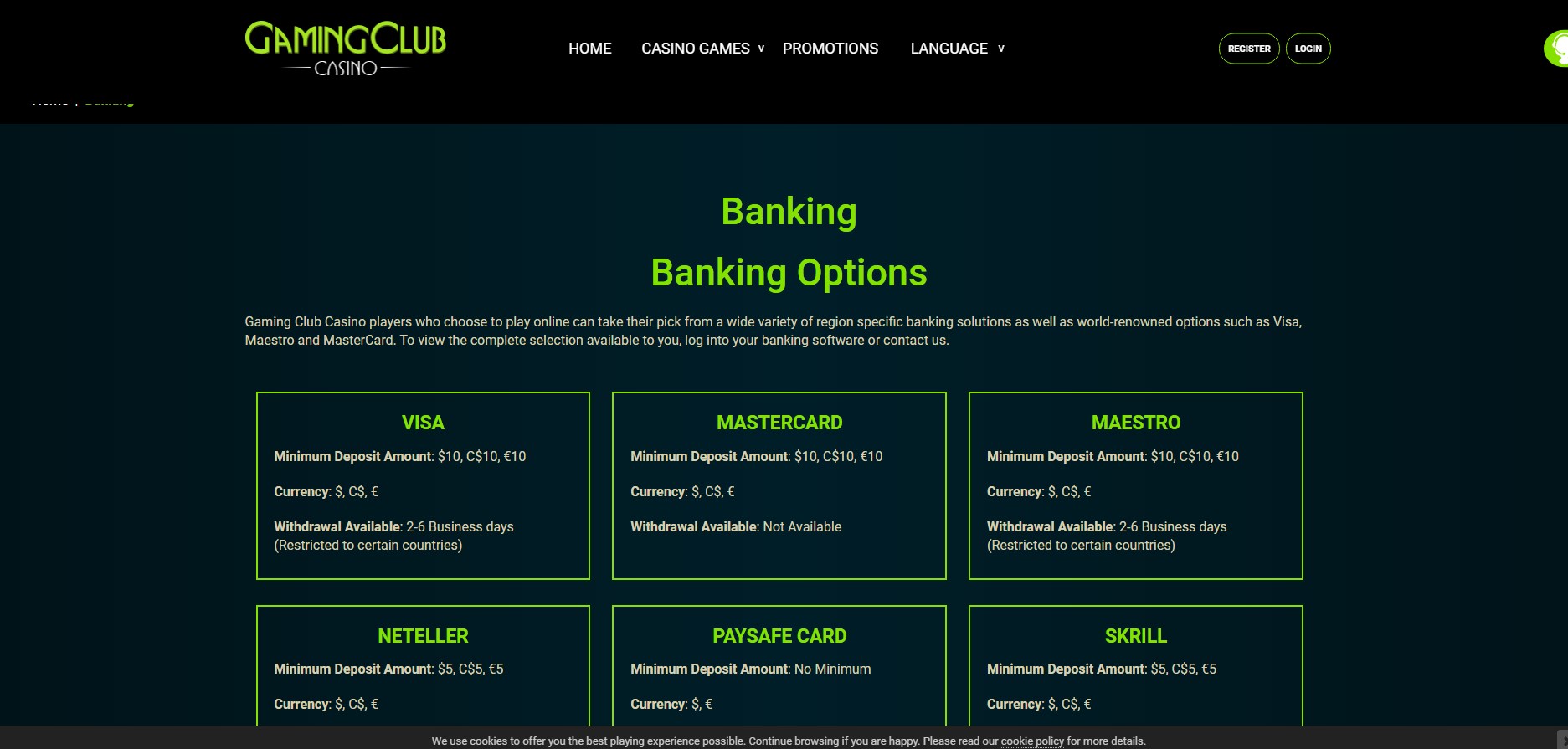 Gaming Club Casino Payment Methods