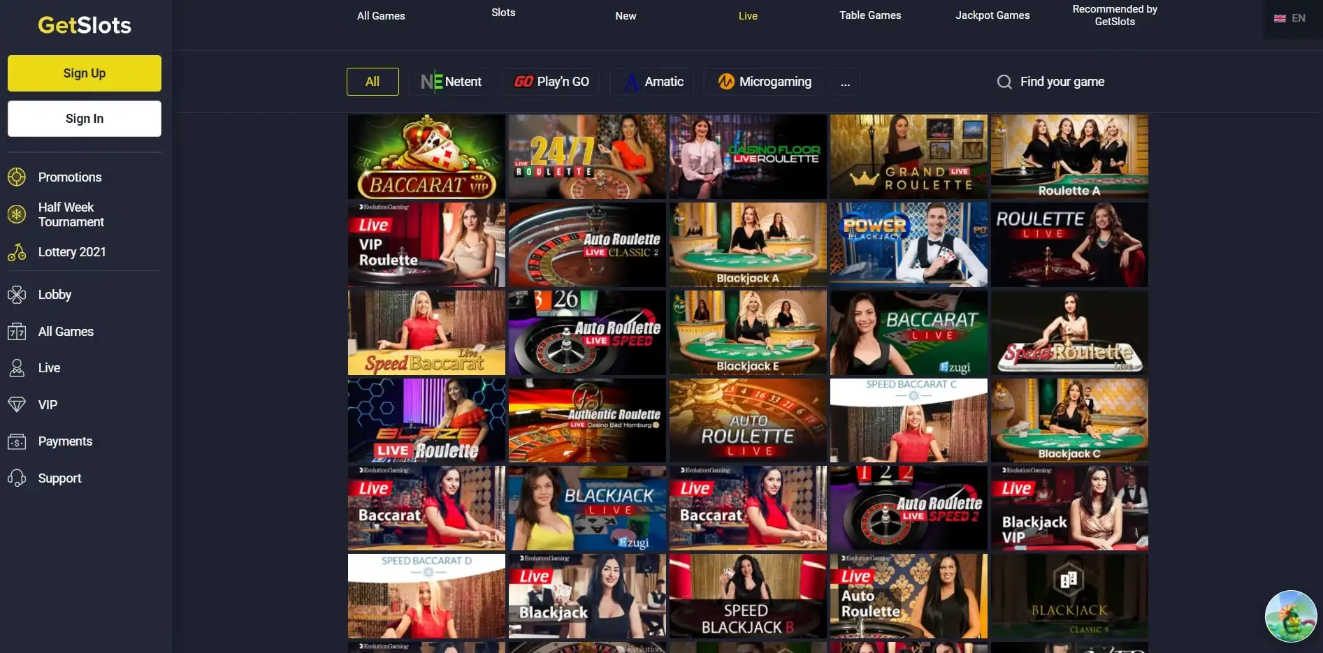 GetSlots Casino Live Dealer Games
