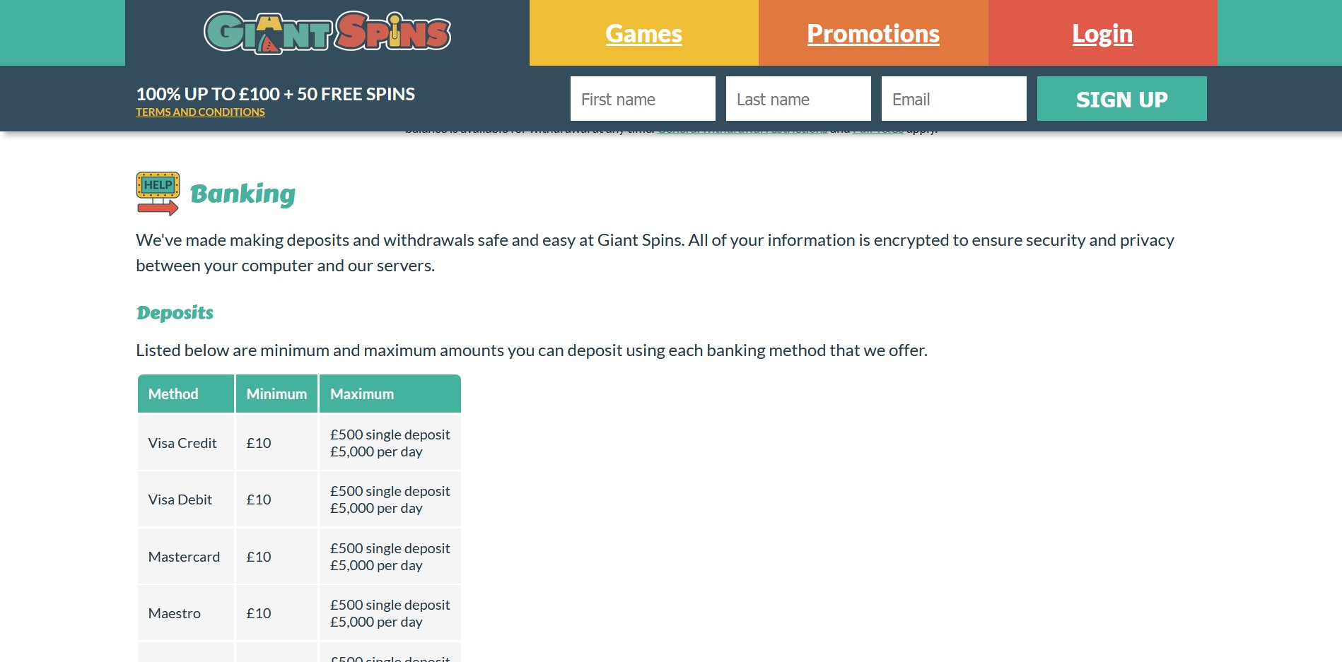 Giant Spins Casino Payment Methods