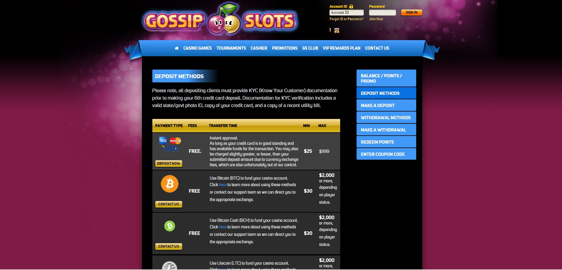 Gossip Slots Casino Payment Methods