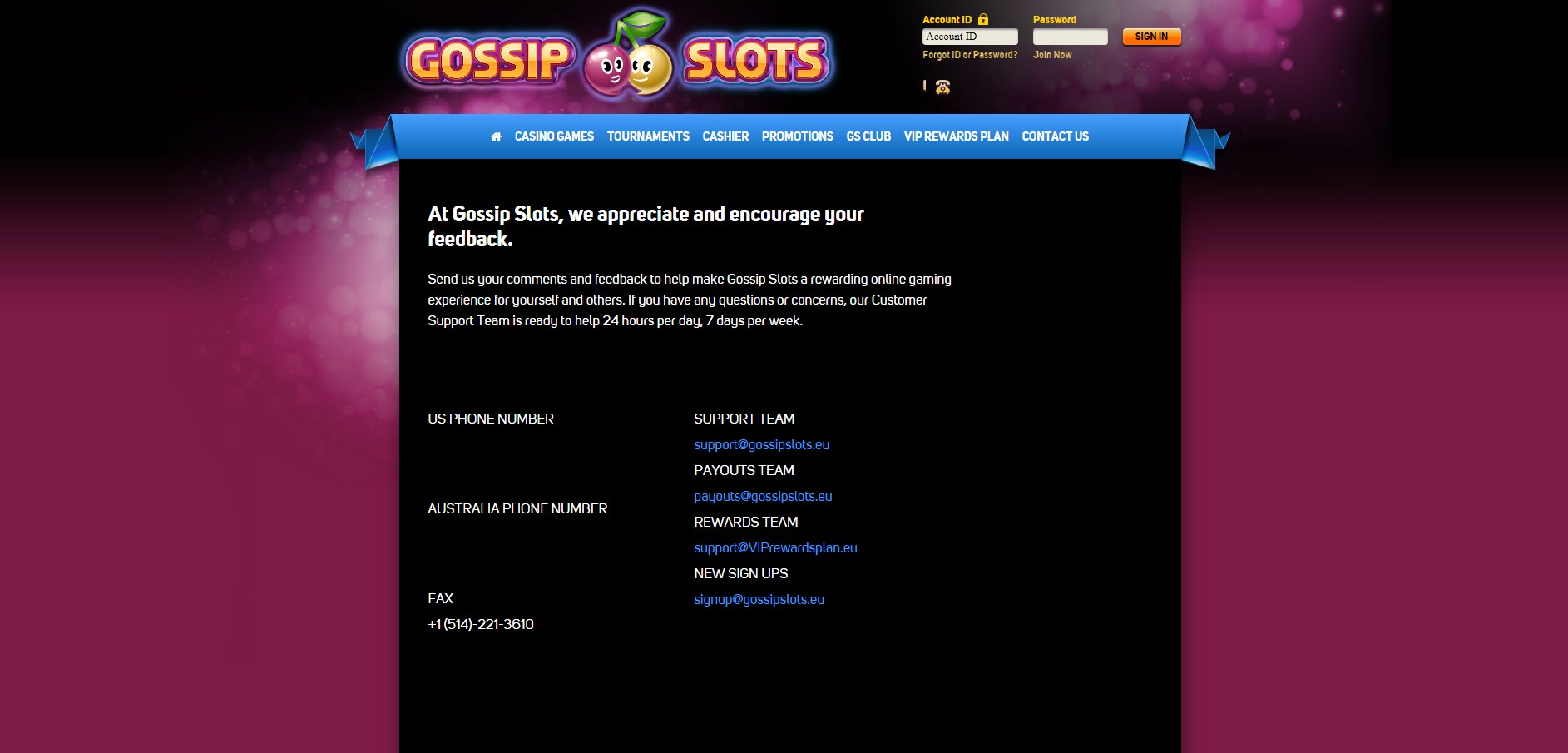 Gossip Slots Casino Support