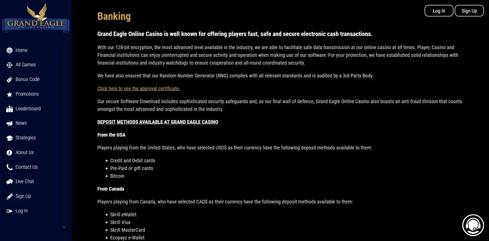 Grand Eagle Casino Payment Methods
