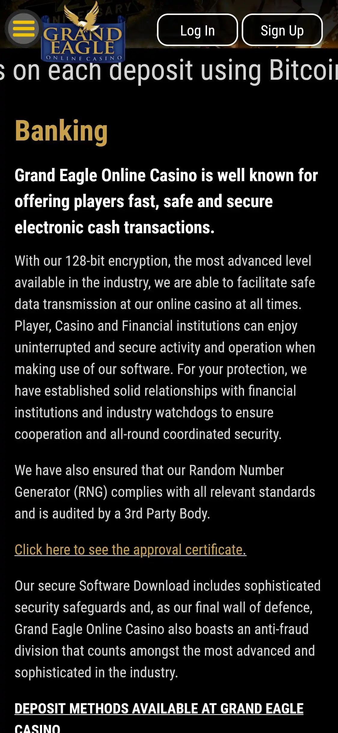 Grand Eagle Casino Mobile Payment Methods Review