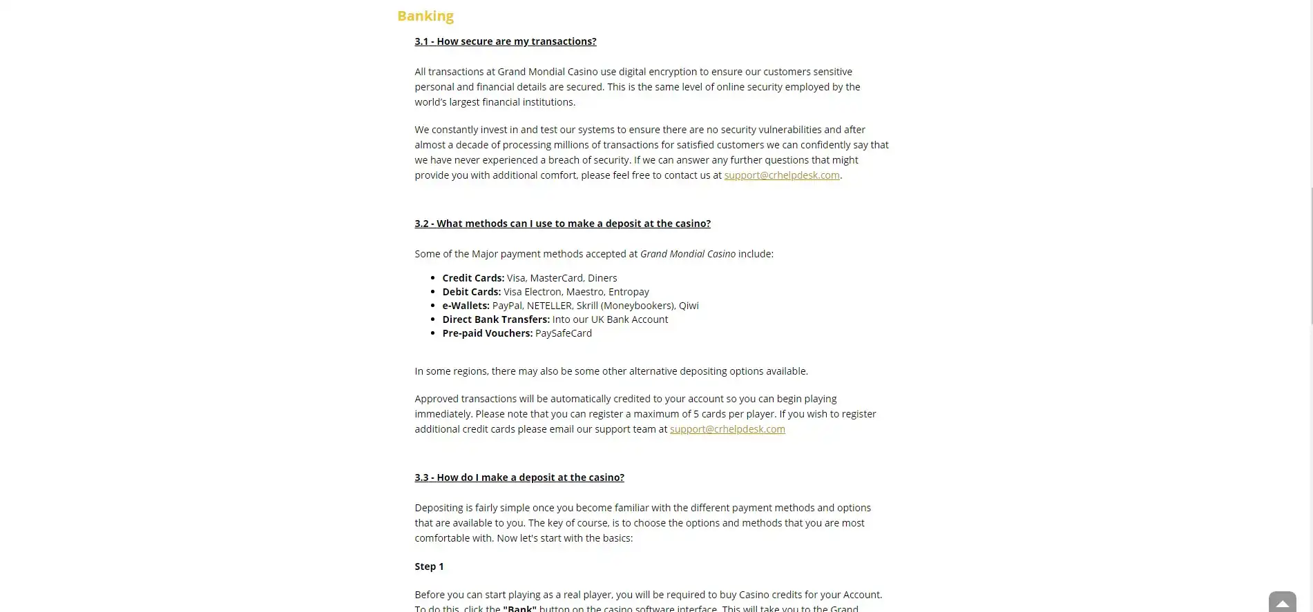 Grand Mondial Casino Payment Methods