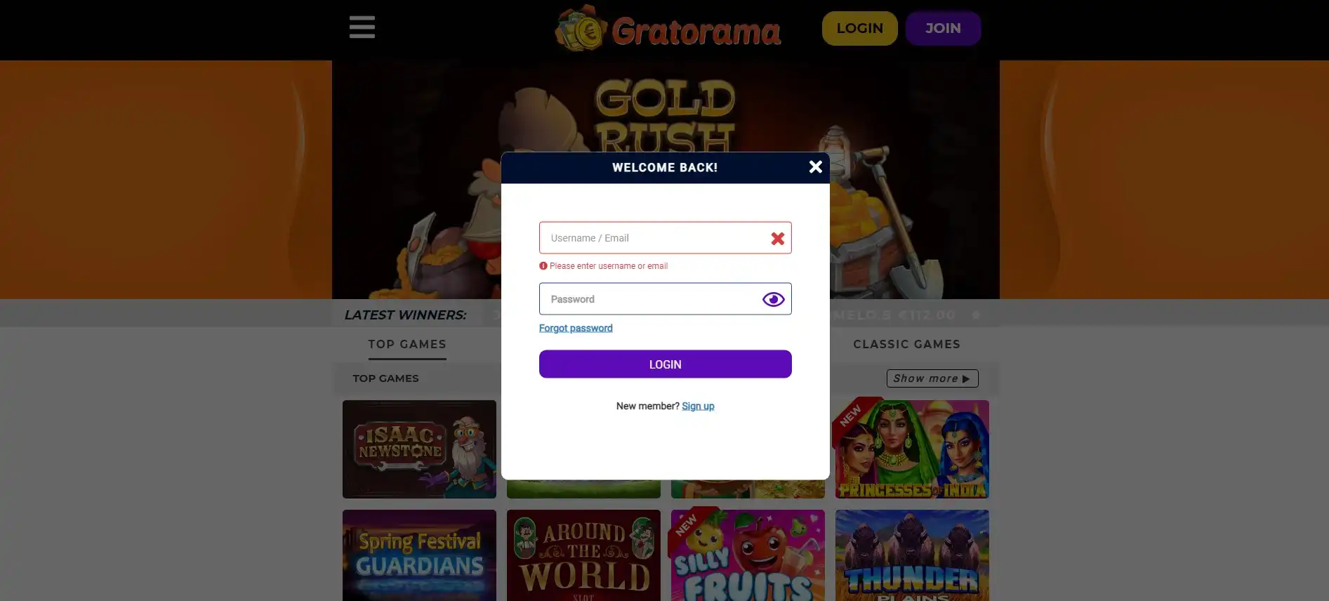 Gratorama Casino Login