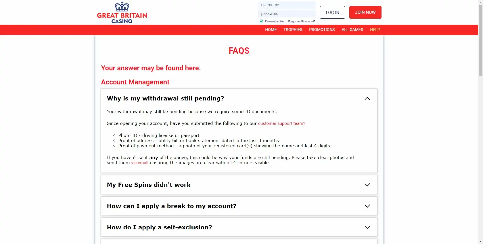 Great Britain Casino Support