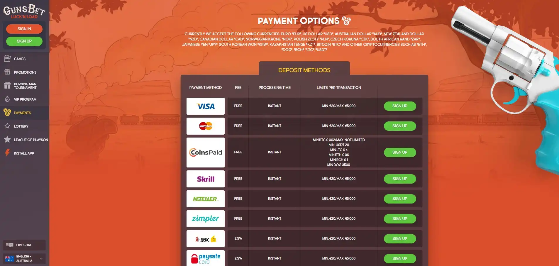 Guns Bet Casino Payment Methods