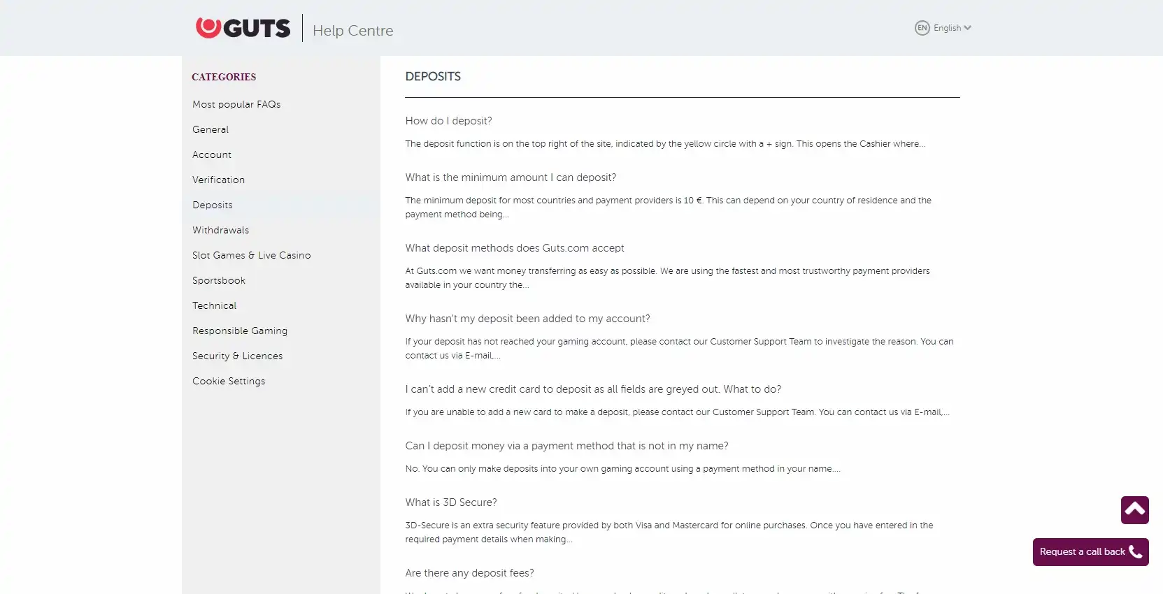 Guts Casino Payment Methods