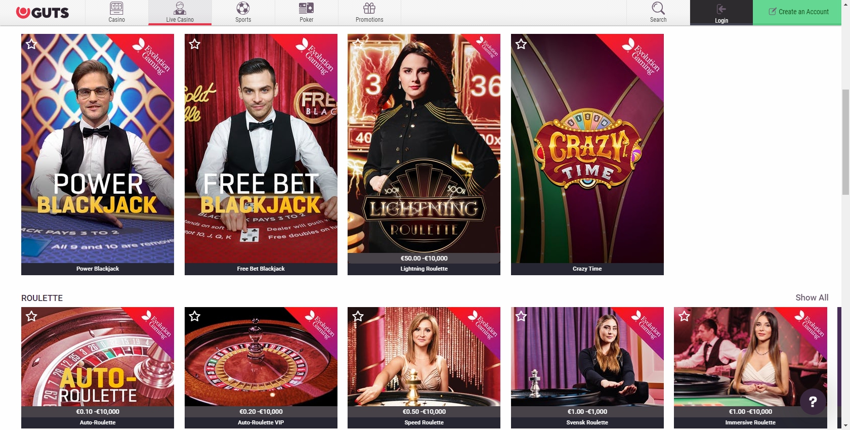 Guts Casino Live Dealer Games