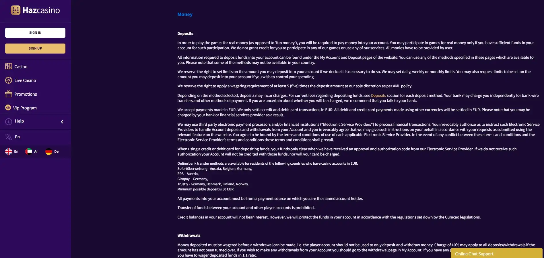 Haz Casino Payment Methods