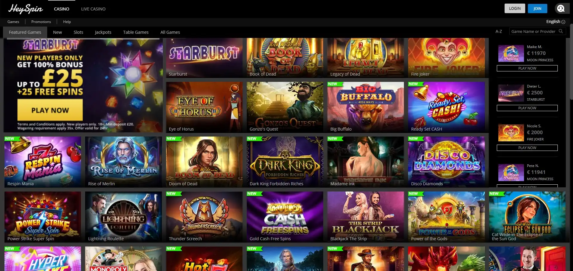 HeySpin Casino Games