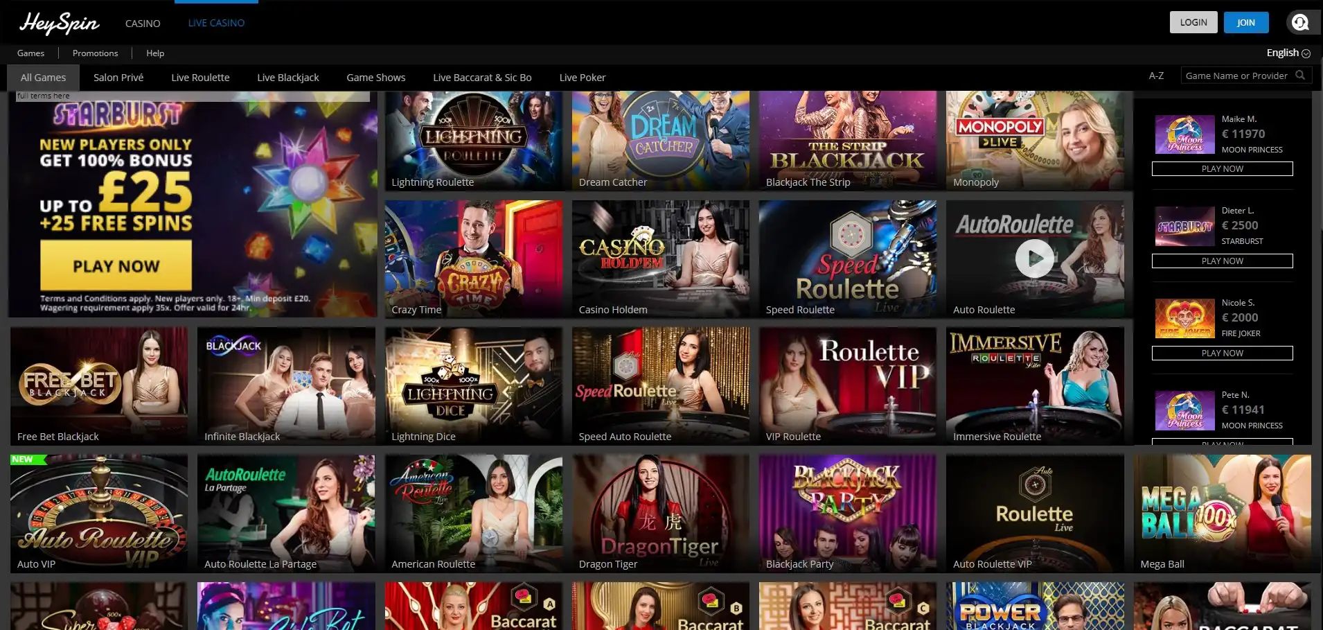 HeySpin Casino Live Dealer Games