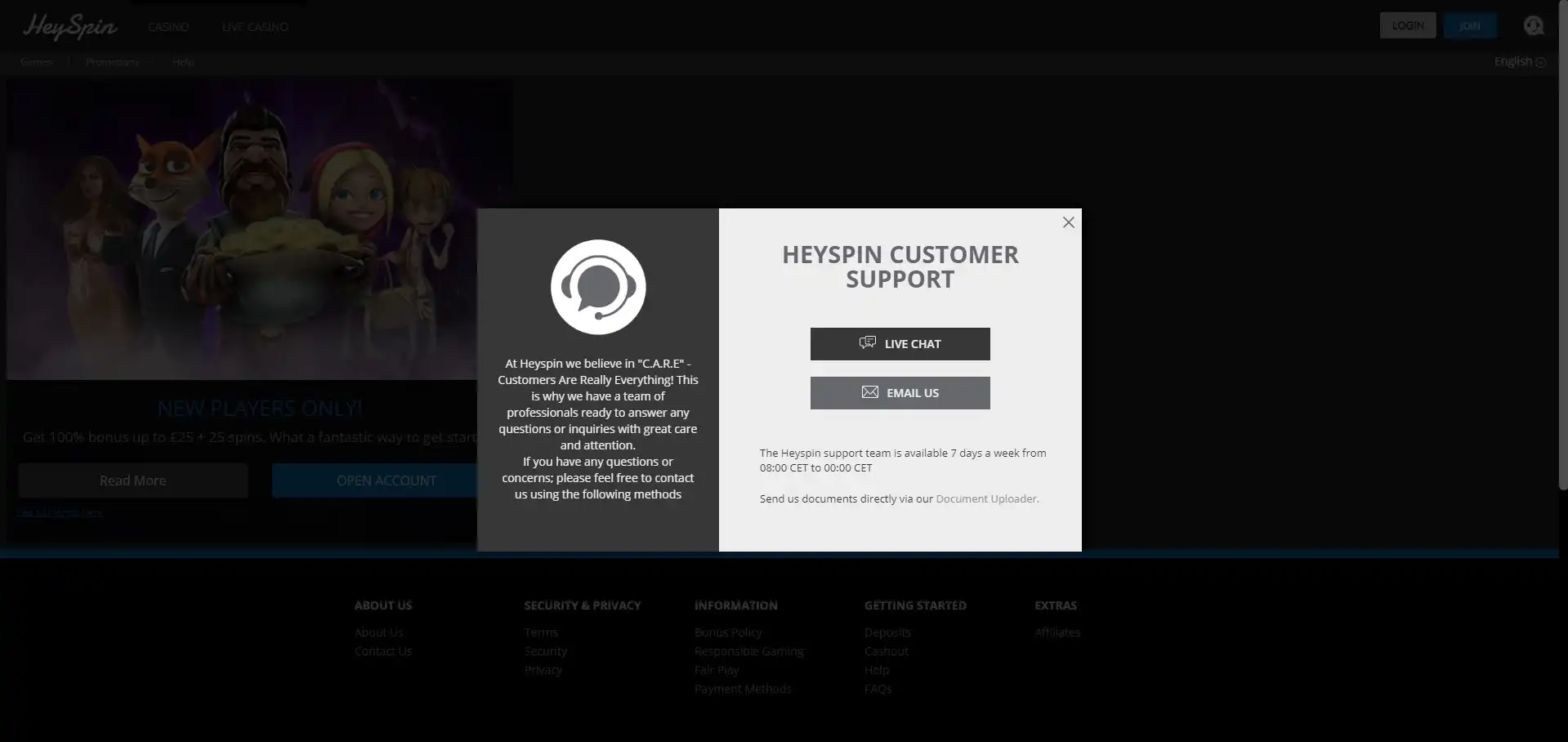 HeySpin Casino Support