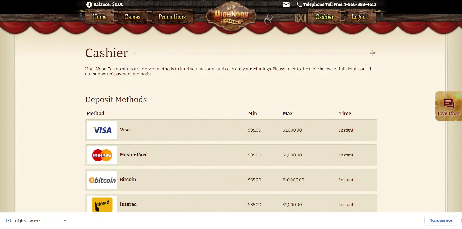 High Noon Casino Payment Methods