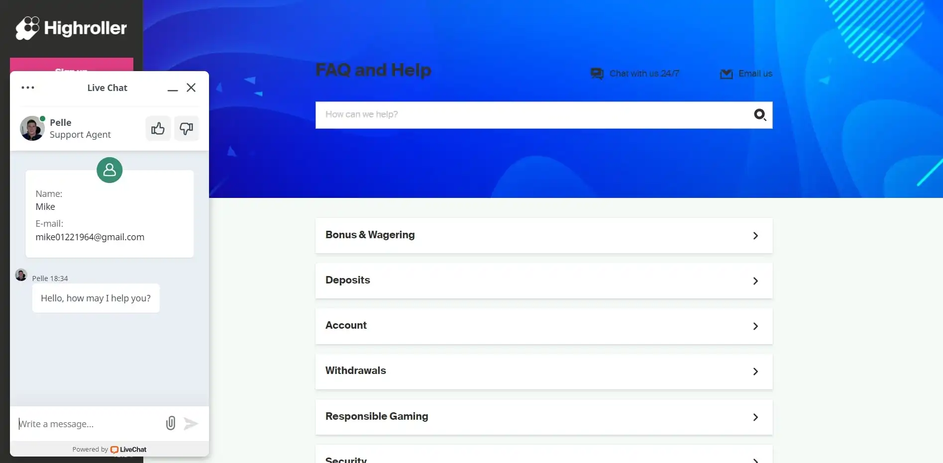 HighRoller Casino Support