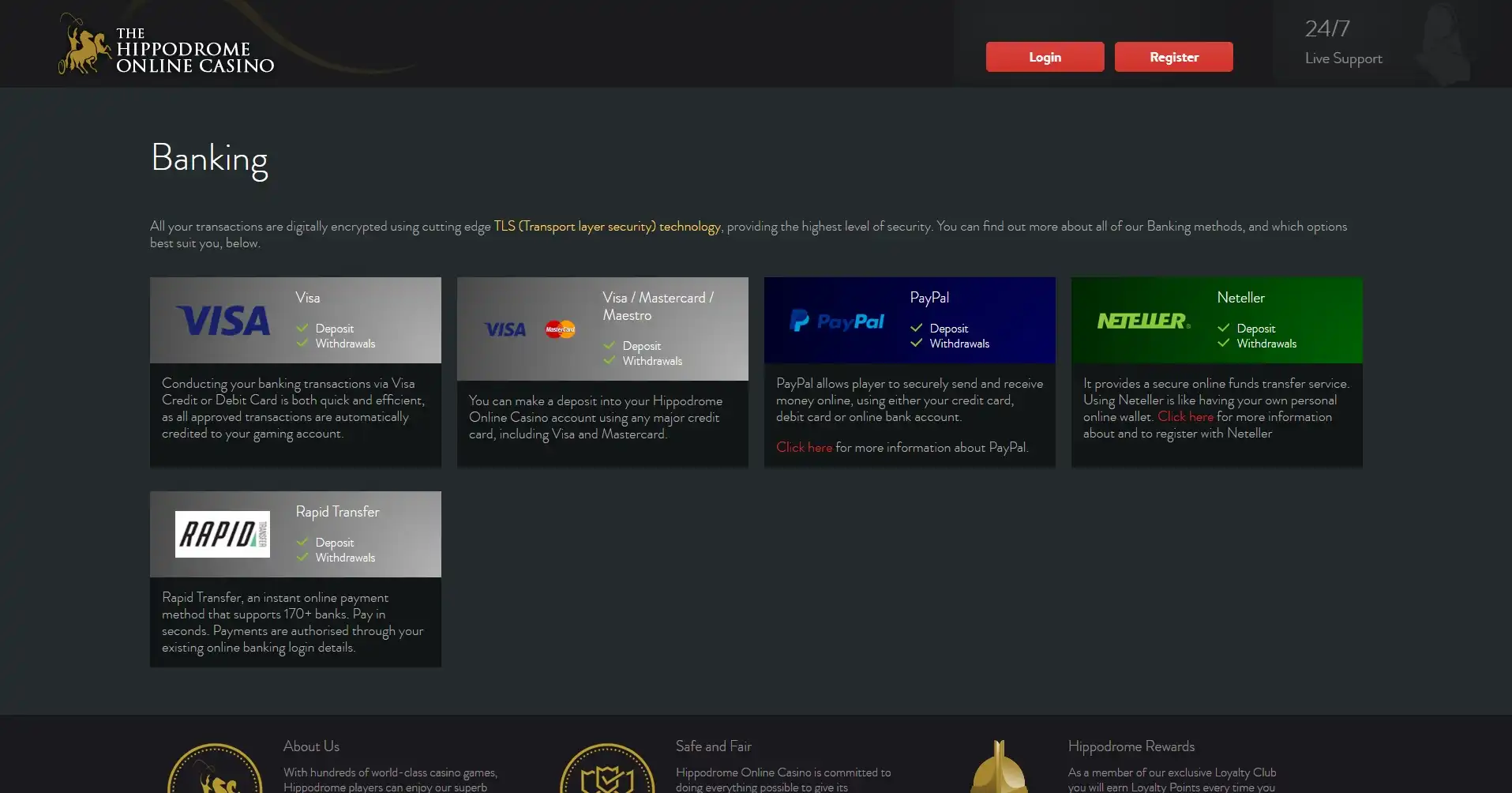 Hippodrome Online Casino Payment Methods