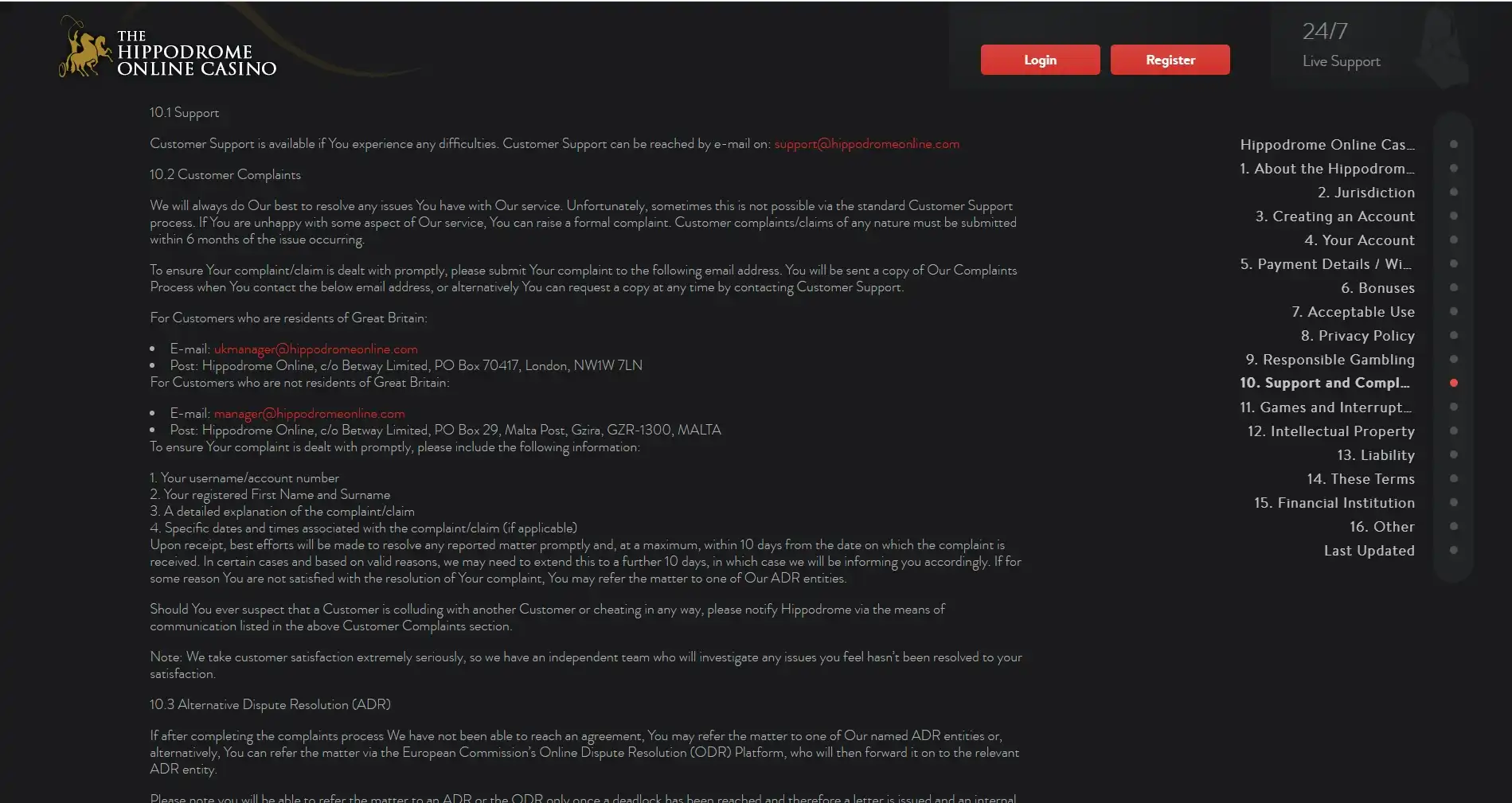 Hippodrome Online Casino Support