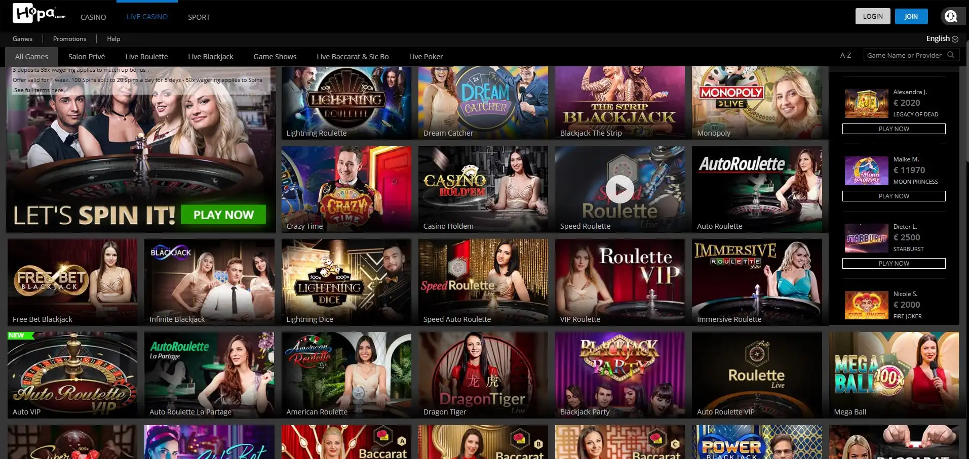 Hopa Casino Live Dealer Games