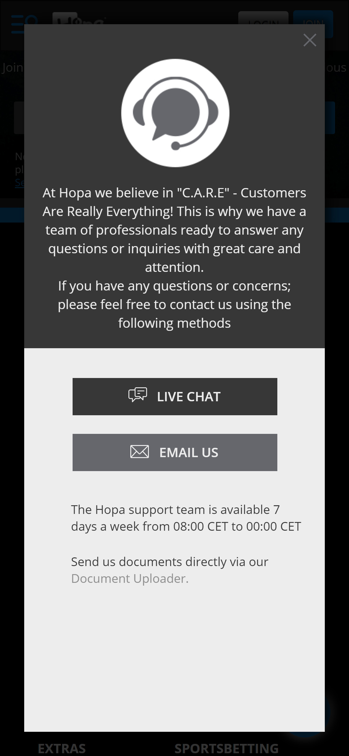 Hopa Casino Mobile Support Review