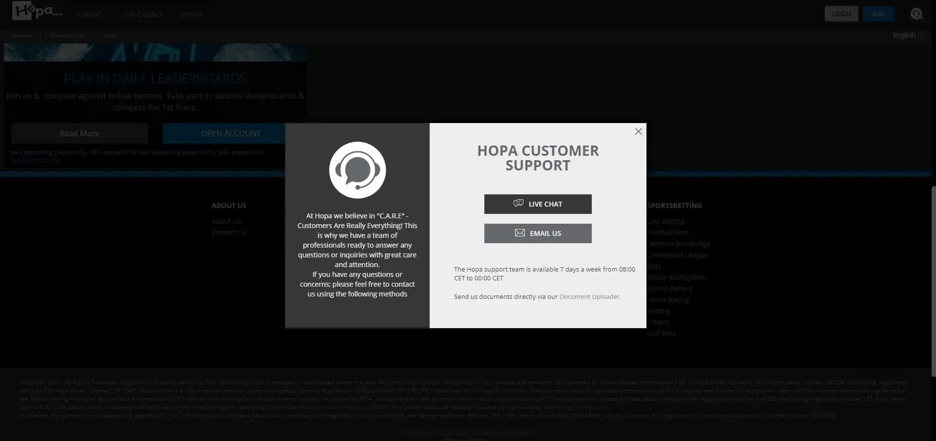 Hopa Casino Support
