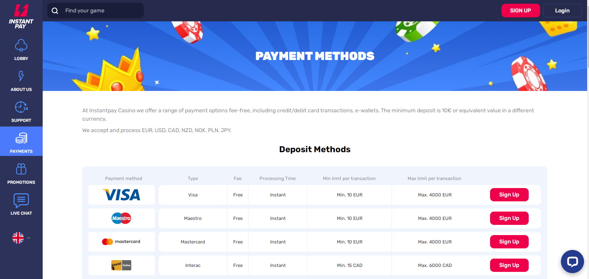 Instant Pay Casino Payment Methods