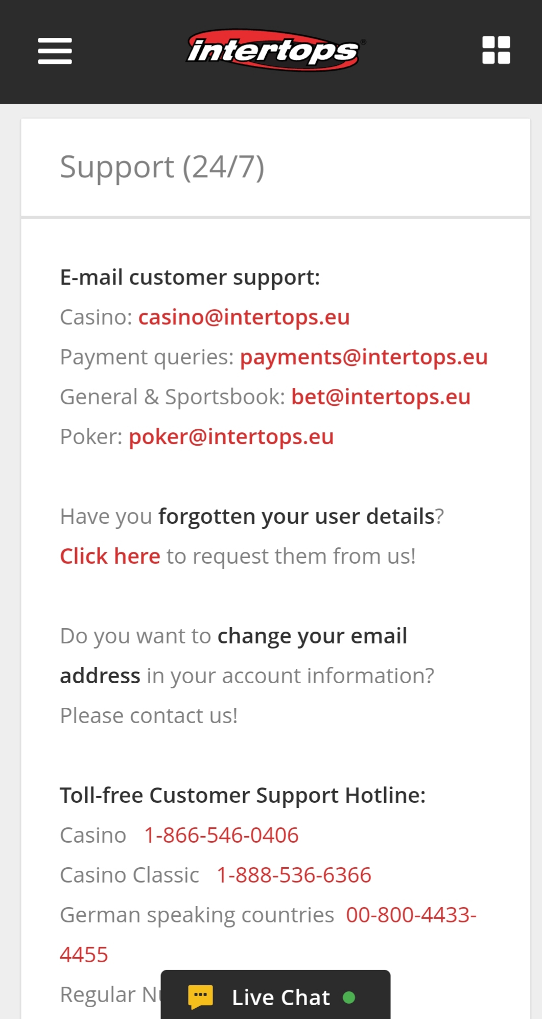 Intertops Casino Mobile Support Review