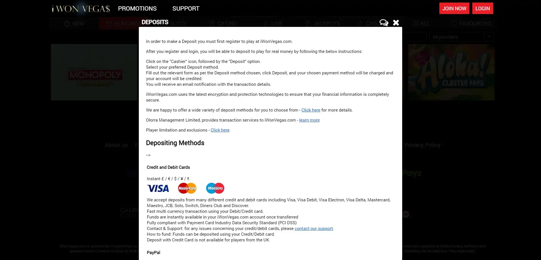 iWonVegas Casino Payment Methods