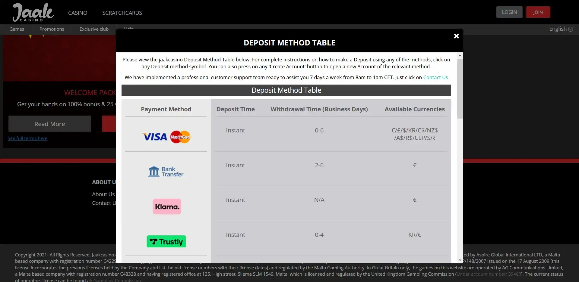 Jaak Casino Payment Methods