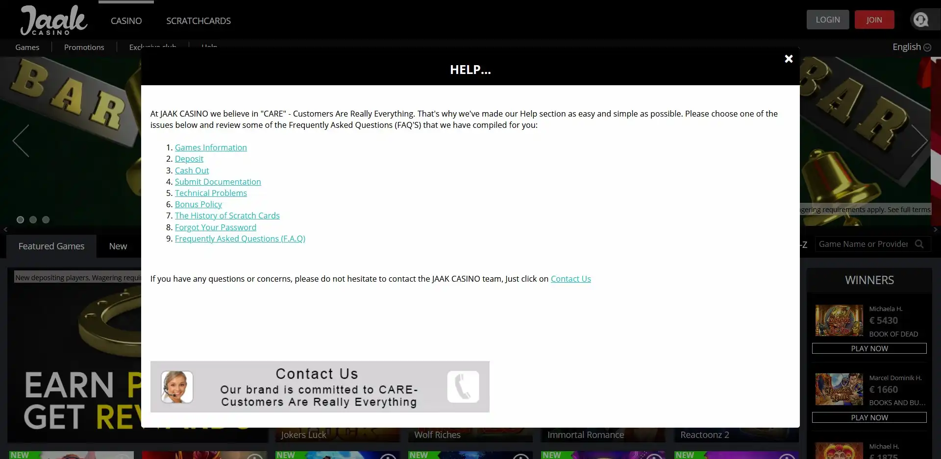 Jaak Casino Support