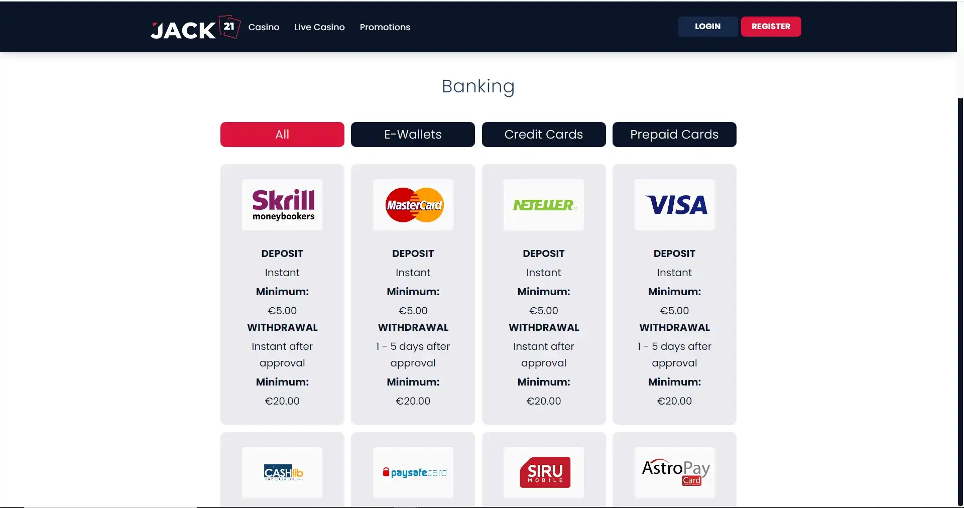 Jack 21 Payment Methods