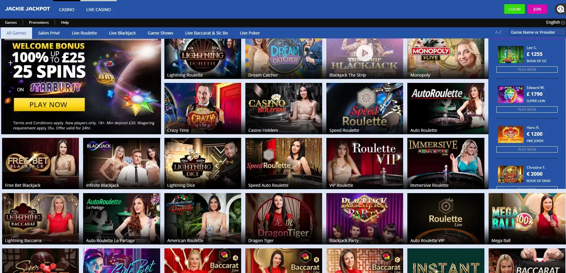 Jackie Jackpot Casino Live Dealer Games
