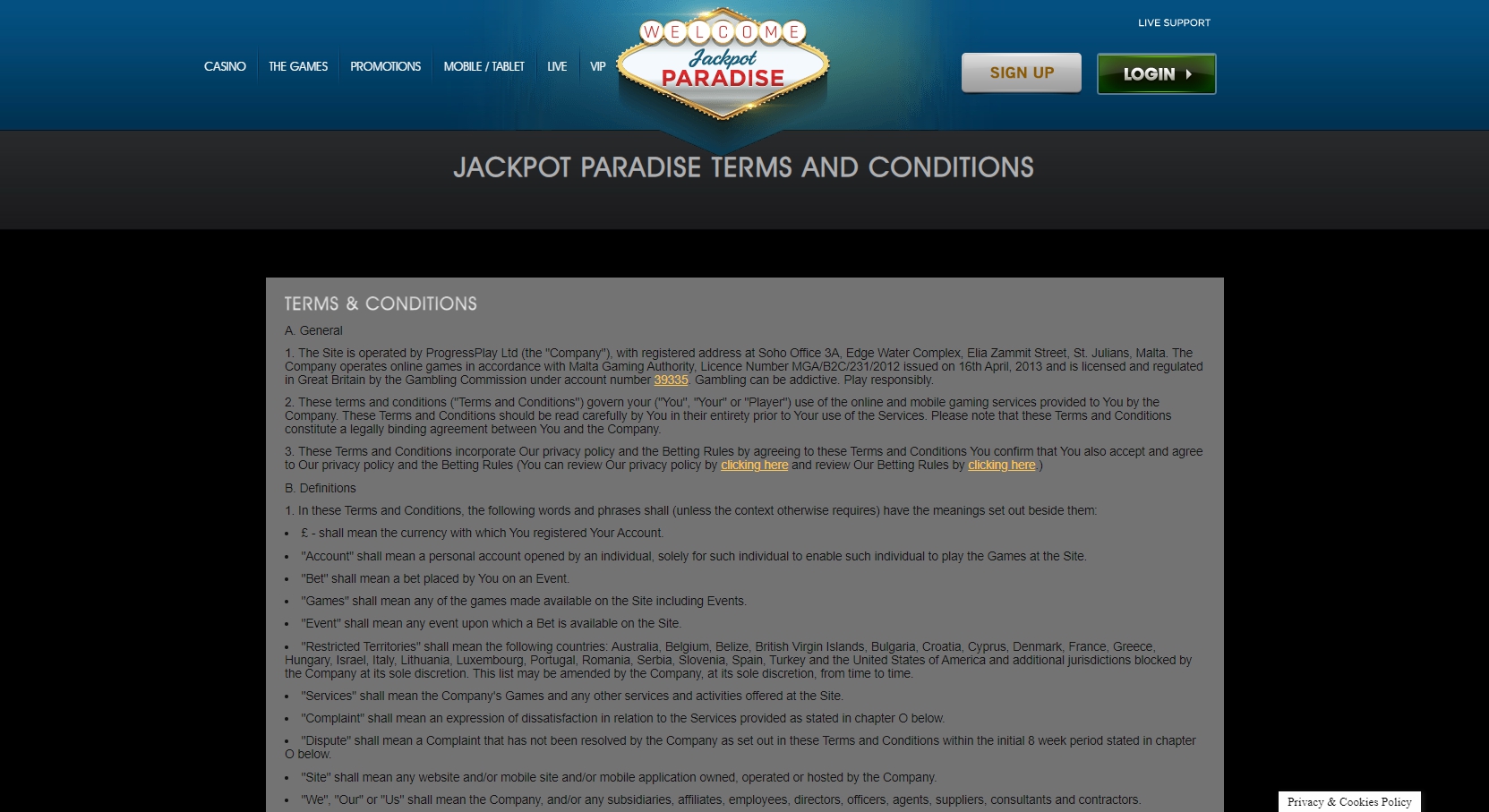Jackpot Paradise Casino Support