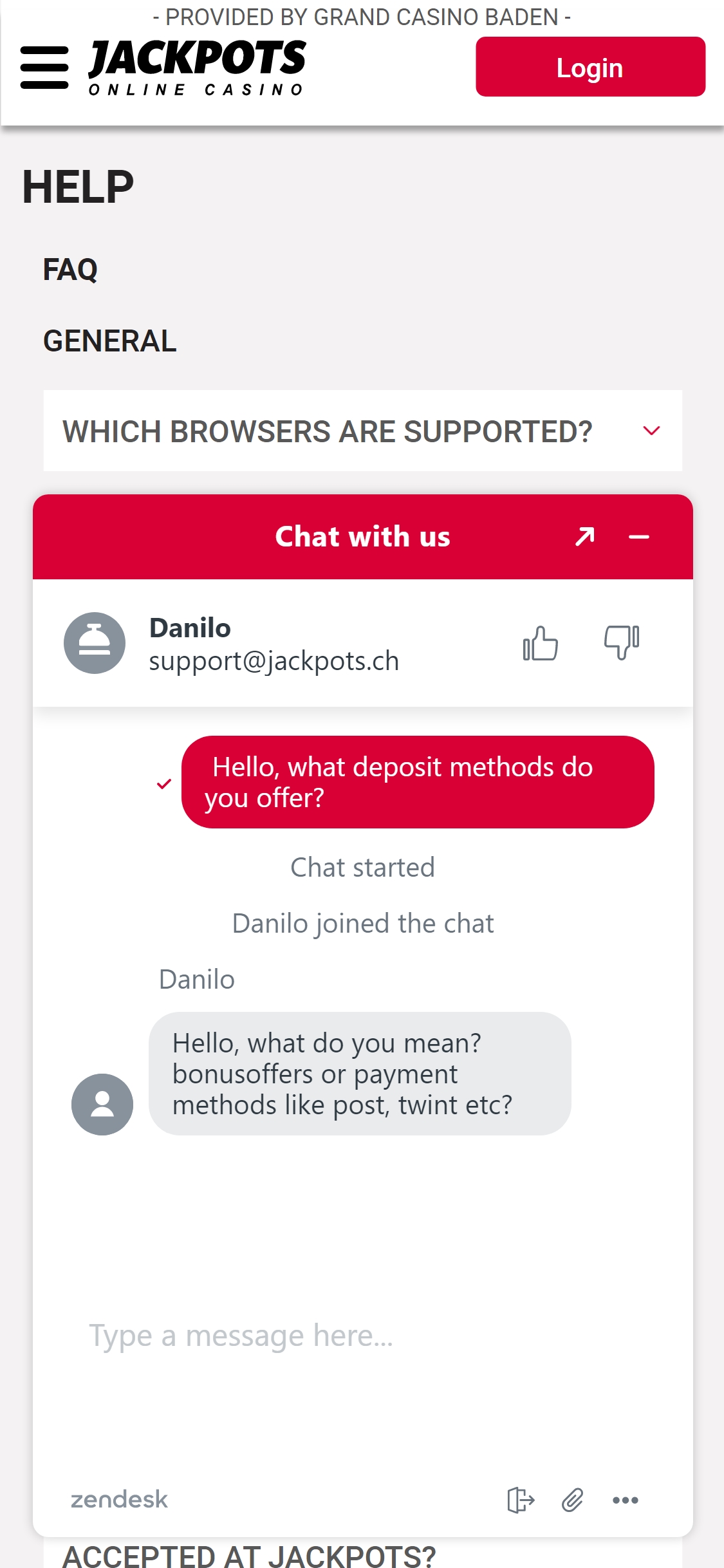 Jackpots CH Casino Mobile Support Review
