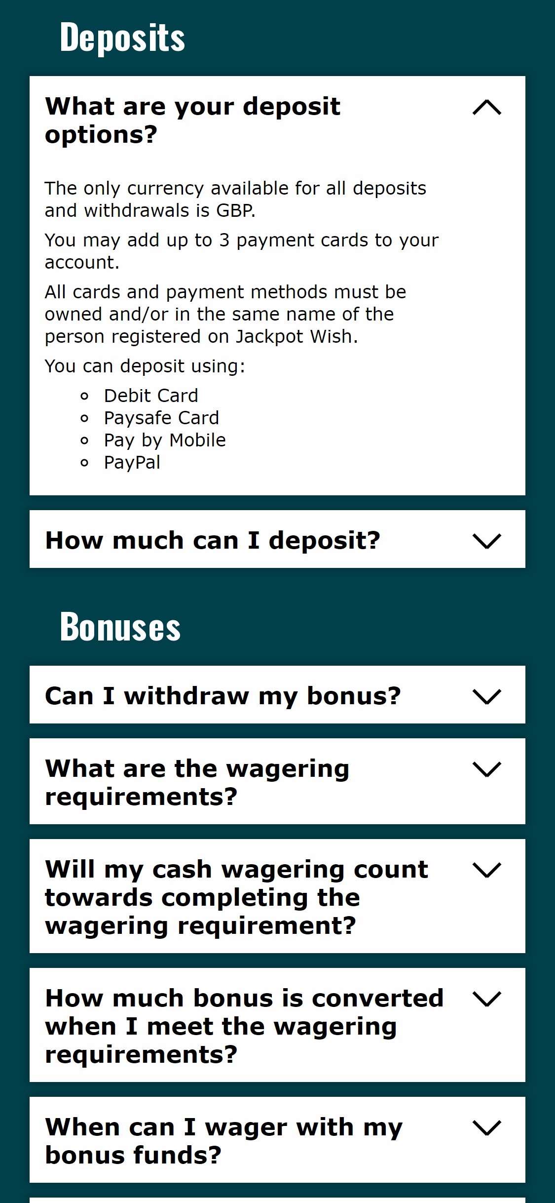 Jackpot Wish Casino Mobile Payment Methods Review