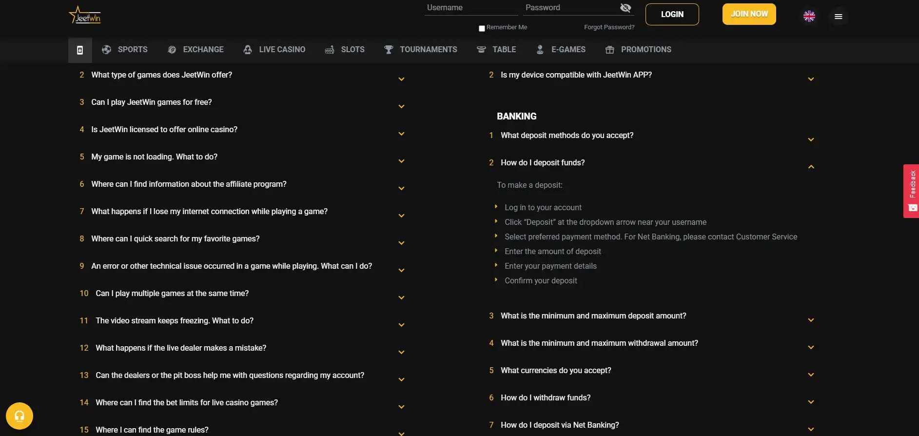 JeetWin Casino Payment Methods