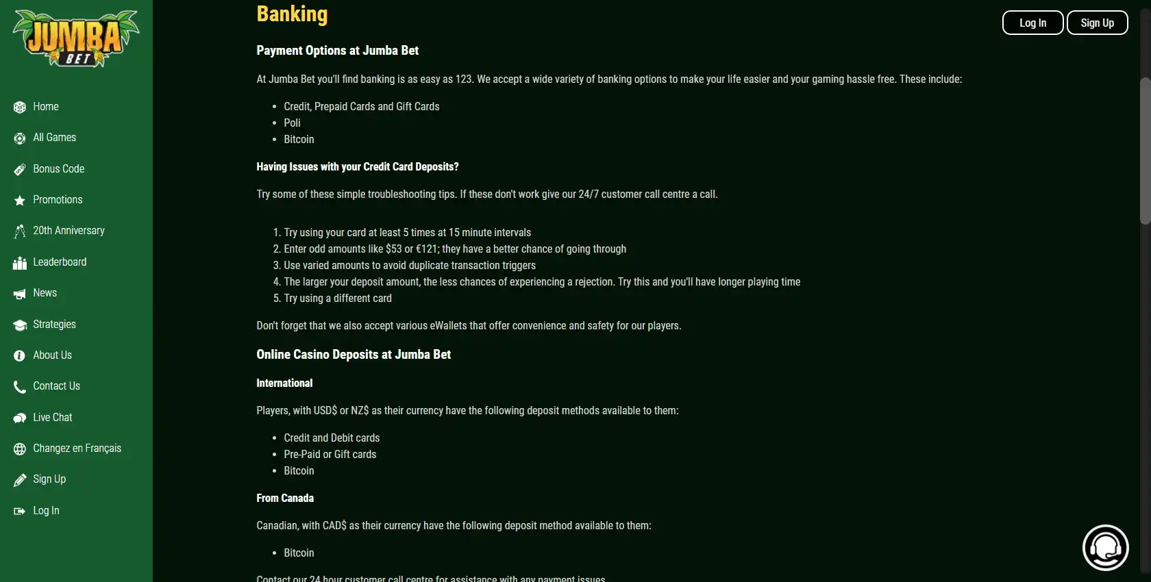 Jumba Bet Casino Payment Methods