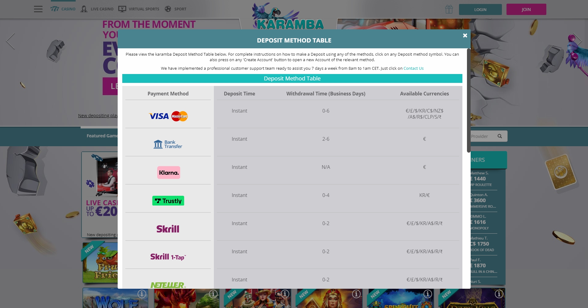 Karamba Casino Payment Methods