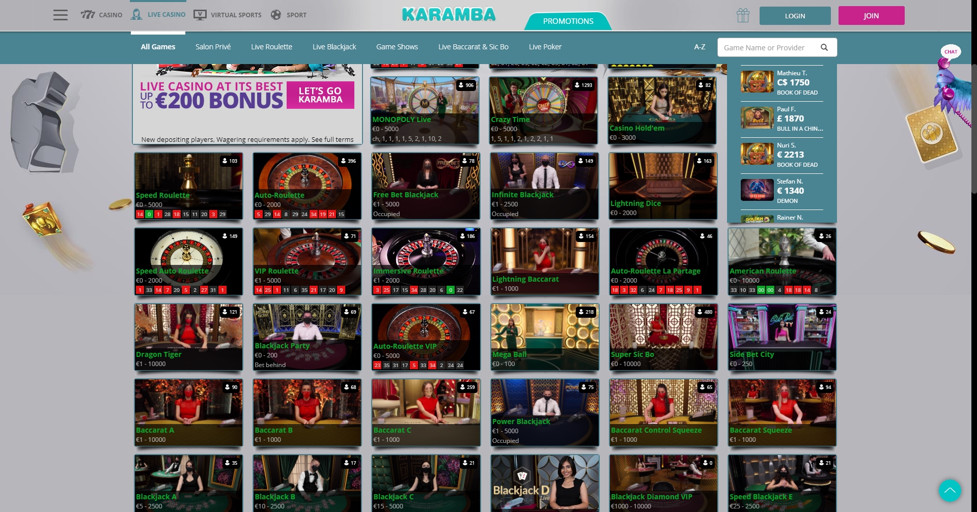 Karamba Casino Live Dealer Games